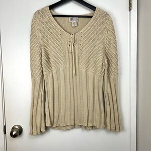 Cotton Country Parkhurst Made In 🇨🇦 Tie Front Ribbed Sweater size L Neutral Tan